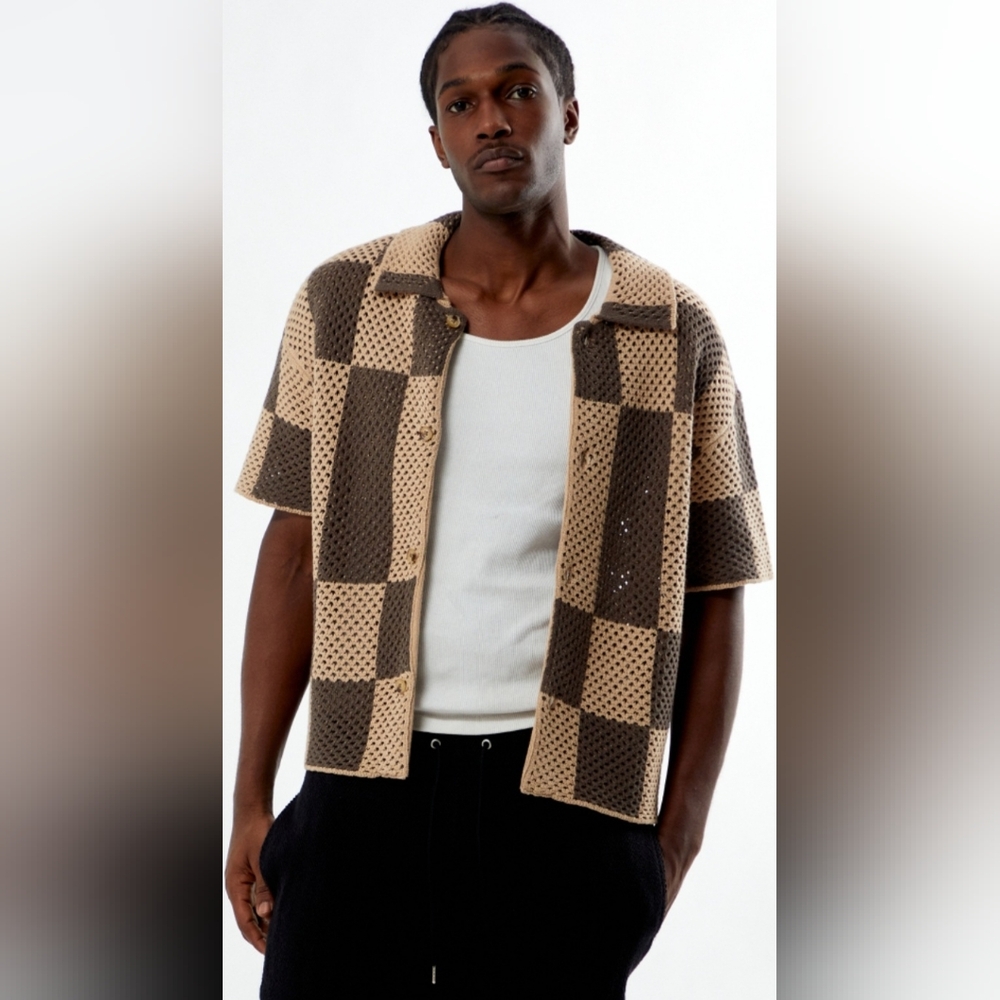 PacSun Spence Mens Open Knit Brown Campshirt NWOT Large